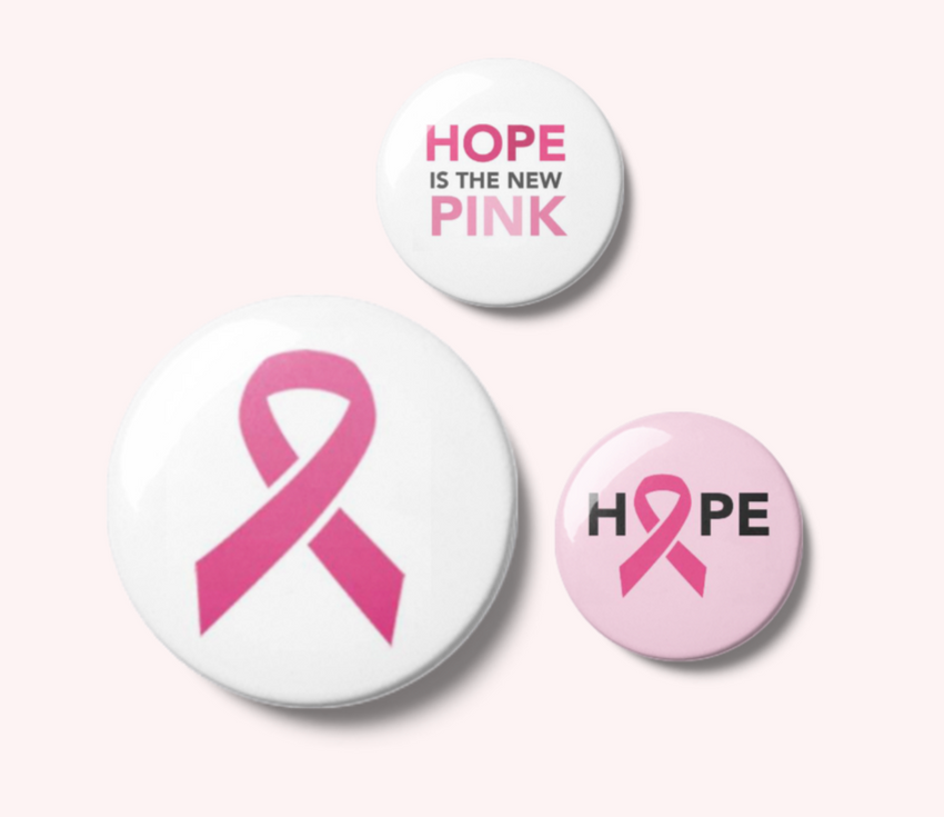 Hope with Pink Ribbon Pin Back Button - Breast Cancer Awareness