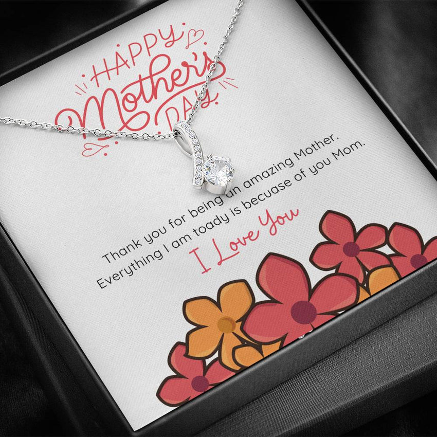 Happy Mother's Day Necklace - Boxed Pendant with Red Flower Design